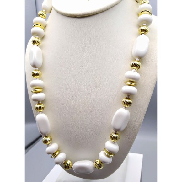 Vintage White Lucite Beaded Necklace with Gold Tone Spacers for a Classic Neutra - Picture 3 of 4